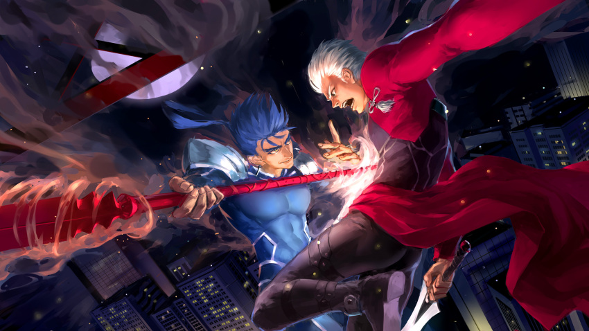 2boys archer blue_hair crusader_kevin fate/stay_night fate_(series) full_moon gae_bolg highres kanshou_&amp;_bakuya lancer moon multiple_boys polearm ponytail spear weapon white_hair