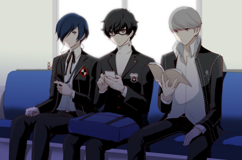 3boys arisato_minato black_hair blue_eyes blue_hair book cellphone digital_media_player glasses grey_eyes grey_hair hair_over_one_eye headphones kurusu_akira machinosuke male multiple_boys narukami_yuu persona persona_3 persona_4 persona_5 phone protagonist_(persona_5) reading school_uniform short_hair sitting smartphone yuuki_makoto