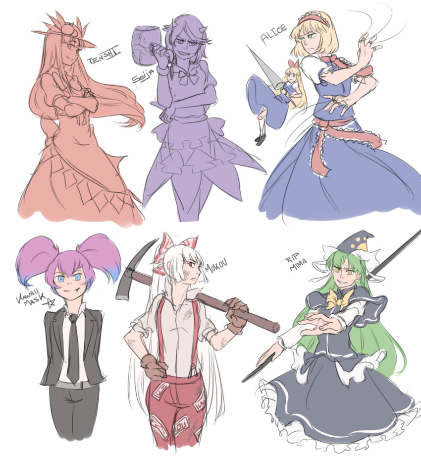 6+girls alice_margatroid blue_eyes character_name dirty doll doll_joints dress fang_out formal frilled_skirt frills fujiwara_no_mokou green_hair grin hat highres hinanawi_tenshi horns kijin_seija lance long_hair mefomefo mima miracle_mallet multiple_girls necktie ofuda pant_suit pants payday_(series) pickaxe polearm puppet_rings puppet_strings purple_hair rip shanghai_doll shirt short_hair sketch skirt smile staff star suit suspenders touhou weapon wizard_hat yellow_eyes