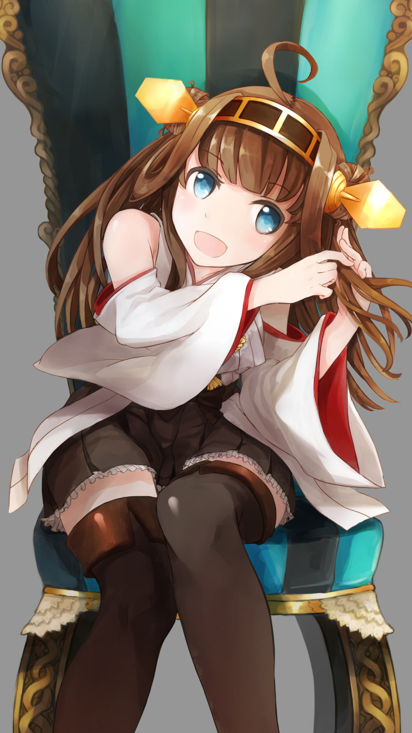 1girl :d adjusting_hair ahoge bangs bare_shoulders blouse boots brown_hair chair comah detached_sleeves double_bun grey_background hair_comb hair_ornament hairband headgear highres japanese_clothes kantai_collection kongou_(kantai_collection) leaning_forward long_hair looking_at_viewer nontraditional_miko open_mouth pleated_skirt sitting skirt smile solo thigh-highs thigh_boots