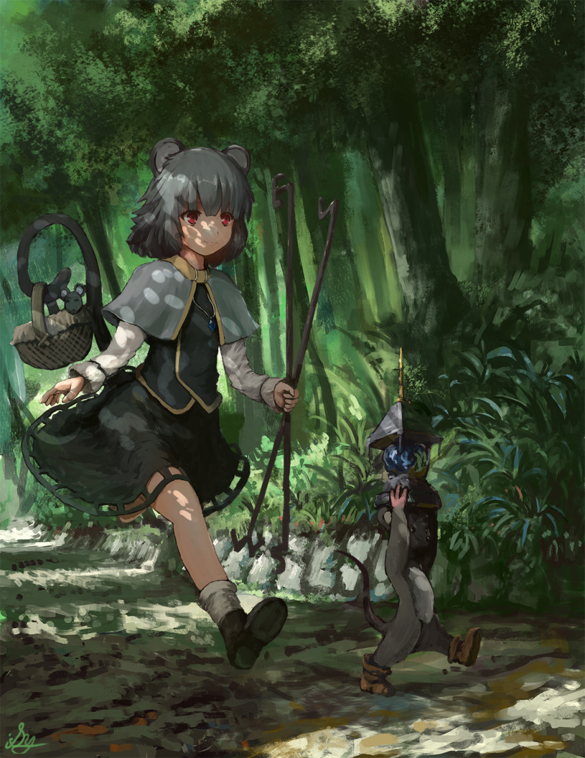 1girl angu animal_ears basket bishamonten's_pagoda capelet dappled_sunlight dowsing_rod forest full_body highres light_smile long_sleeves mouse mouse_ears mouse_tail nature nazrin path red_eyes road running shoes short_hair silver_hair skirt socks solo tail touhou tree walking