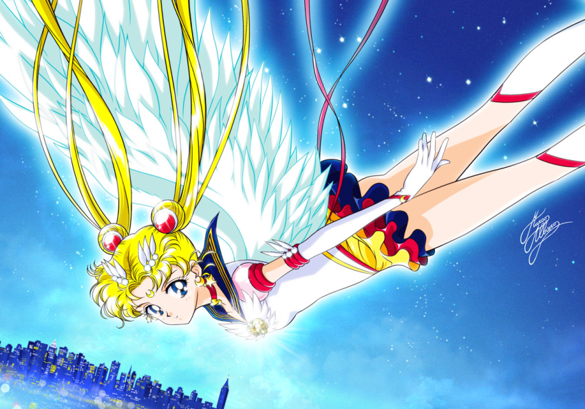 1girl angel_wings anime_coloring artist_name bangs bishoujo_senshi_sailor_moon blonde_hair blue_eyes boots choker cityscape crescent_moon derivative_work double_bun earrings elbow_gloves eternal_sailor_moon facial_mark falling forehead_mark gloves hair_ornament hairclip jewelry knee_boots long_hair looking_at_viewer magical_girl marco_albiero moon multicolored_skirt official_style parted_bangs ribbon sailor_moon signature sky solo tsukino_usagi twintails white_boots white_gloves wings