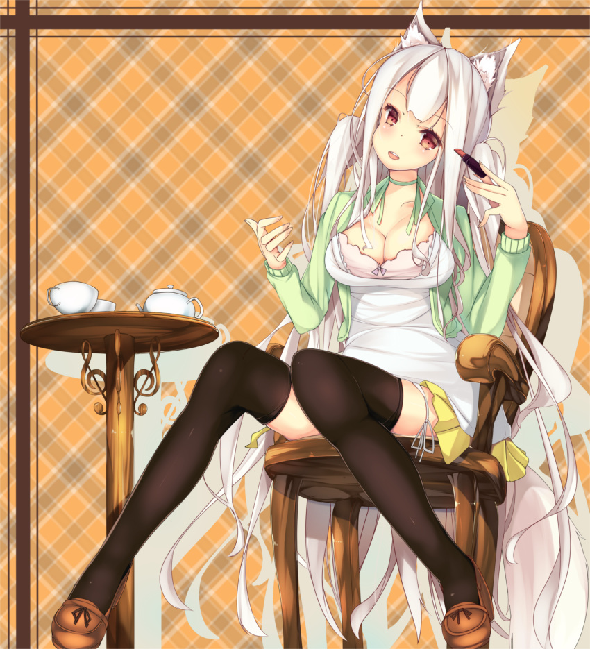 1girl absurdres animal_ears blush breasts brown_eyes chair cleavage fox_ears highres lipstick_tube long_hair looking_at_viewer open_mouth original shirohina silver_hair sitting smile solo thigh-highs