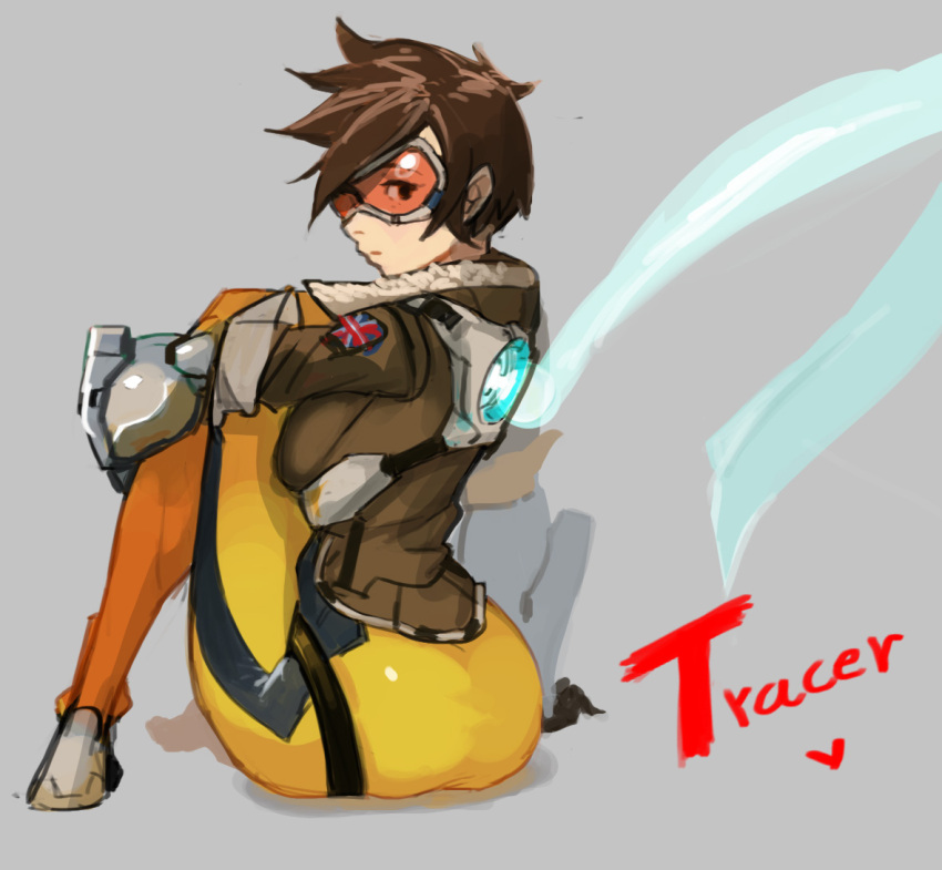 1girl ass bomber_jacket breasts brown_hair character_name goggles grey_background hirundo_rustica jacket lena_oxton looking_at_viewer looking_back overwatch robot_joints short_hair simple_background sitting solo tracer_(overwatch)doll_joints