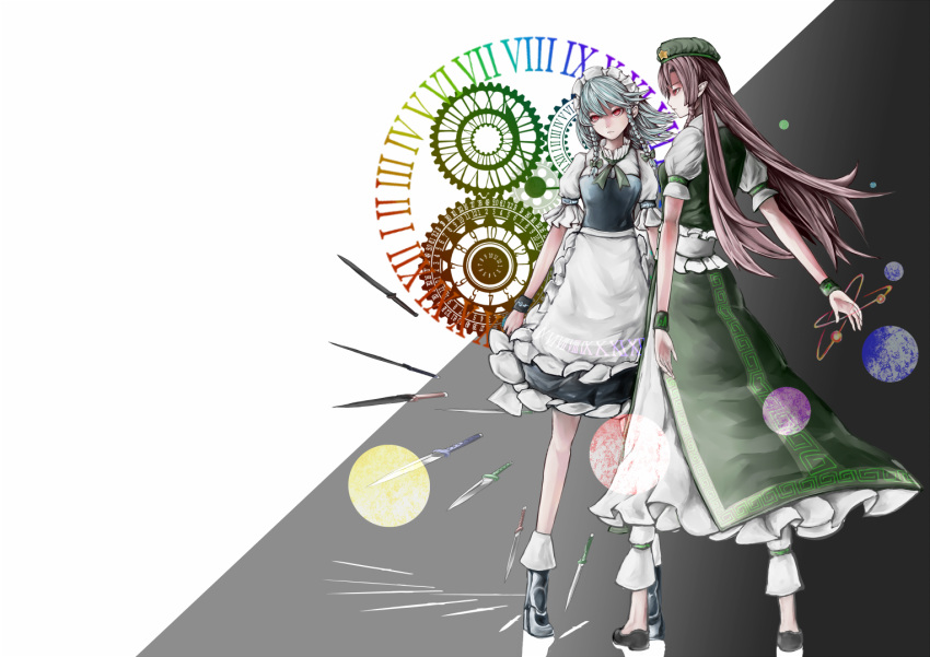 2girls alternate_eye_color apron armband beret black_background blue_dress boots braid breasts chinese_clothes clock clockwork collared_shirt dress ears energy energy_ball expressionless gradient gradient_background grey_background hat hong_meiling izayoi_sakuya knife leg_band long_hair looking_to_the_side maid maid_apron maid_headdress multiple_girls no_socks pants pointy_ears puffy_short_sleeves puffy_sleeves rainbow_order red_eyes reflection serious shoes short_hair short_sleeves silver_hair socks star tall touhou twin_braids white_background wrist_cuffs yutapon