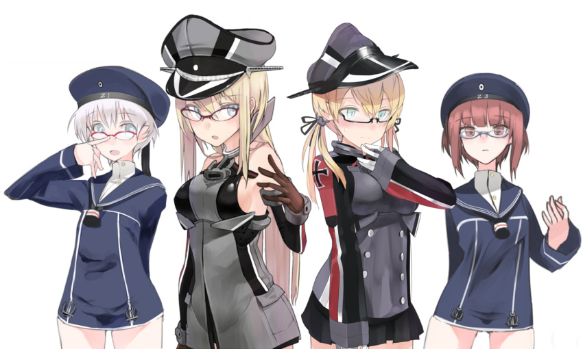 4girls adjusting_glasses anchor_hair_ornament aqua_eyes auburn_hair bare_shoulders beret bespectacled bismarck_(kantai_collection) blonde_hair blue-framed_glasses blue_eyes blush bottomless breasts brown_eyes brown_gloves brown_hair buttons clothes_writing cowboy_shot detached_sleeves flying_sweatdrops fujibejifu glasses gloves hand_to_own_mouth hat kantai_collection long_hair long_sleeves low_twintails microskirt military military_hat military_uniform multiple_girls neckerchief open_mouth payot peaked_cap prinz_eugen_(kantai_collection) red-framed_glasses sailor_collar sailor_hat short_hair silver_hair simple_background skirt twintails uniform white_background z1_leberecht_maass_(kantai_collection) z3_max_schultz_(kantai_collection)