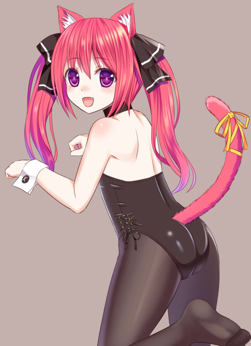 1girl :d absurdres animal_ears ass bare_shoulders black_legwear blush bunnysuit cat_ears cat_tail fang flat_chest from_side grey_background highres ikeda_yuuki leg_up looking_at_viewer no_shoes open_mouth original pantyhose paw_pose pink_hair ribbon smile solo tail tail_ribbon twintails violet_eyes wrist_cuffs