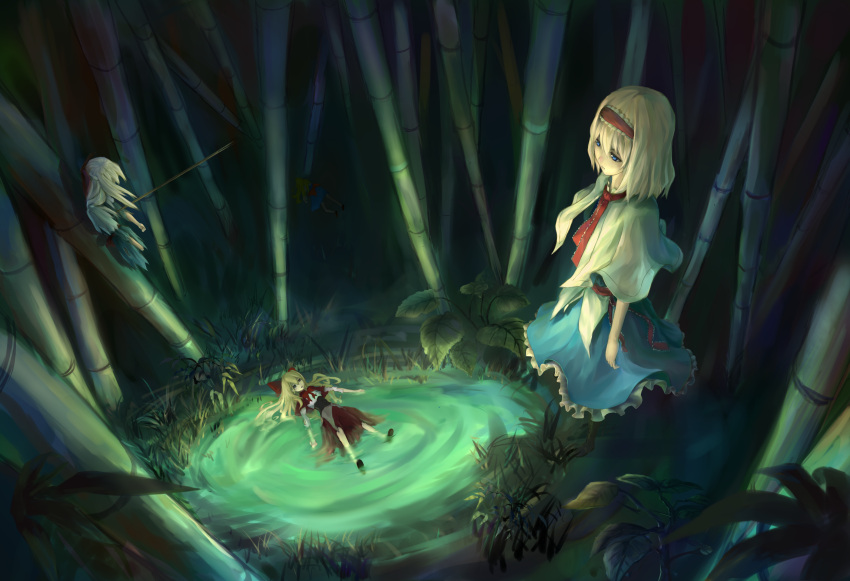 1girl absurdres alice_margatroid arms_at_sides arrow bad_id bamboo bamboo_forest blonde_hair blue_dress blue_eyes bow broken corset disembodied_limb dress empty_eyes expressionless forest frilled_dress frills glowing grass hair_bow hidden_face highres hourai_doll impaled long_hair nature night partially_submerged plant puddle red_dress ribbon shanghai_doll short_hair shuang_ye standing torn_clothes touhou