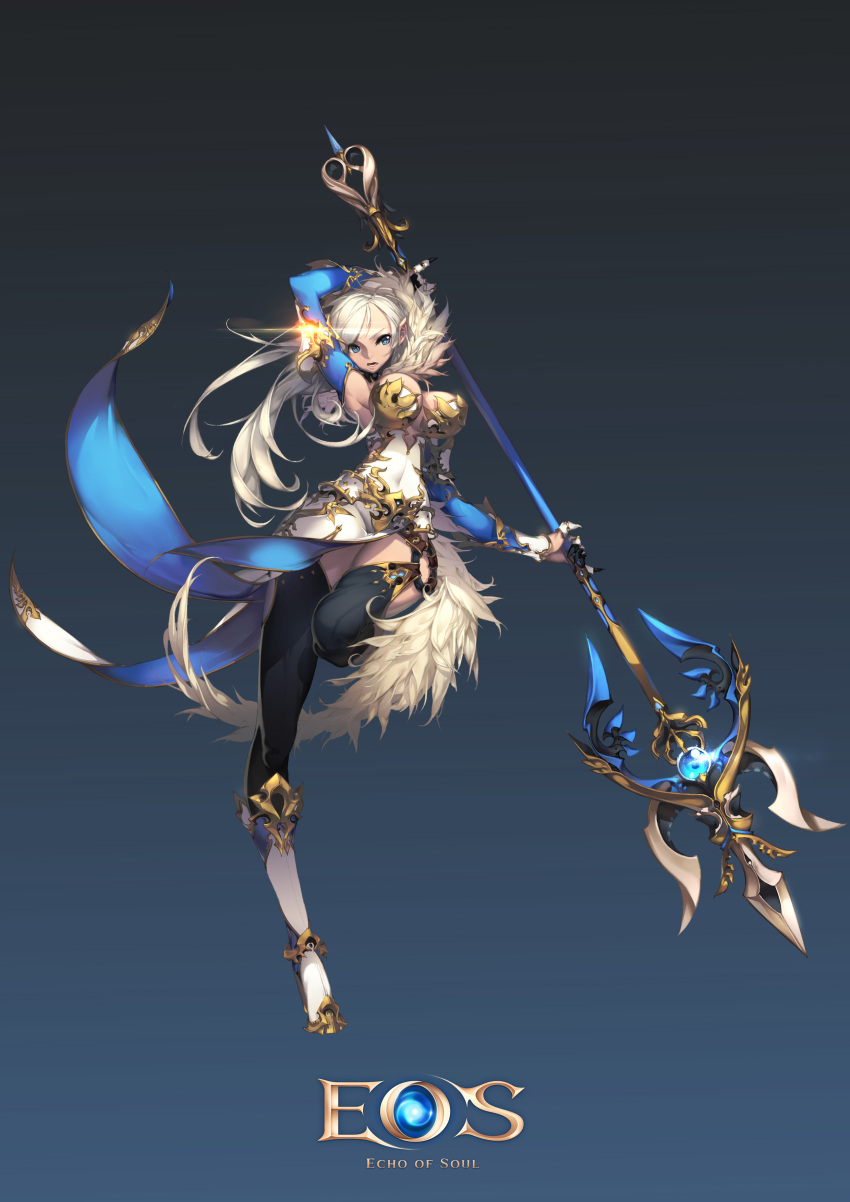 1girl absurdres arm_up armpits blue_eyes boots breasts copyright_name covered_navel detached_sleeves gradient gradient_background highres long_hair pointy_ears polearm solo thigh-highs trident weapon white_hair