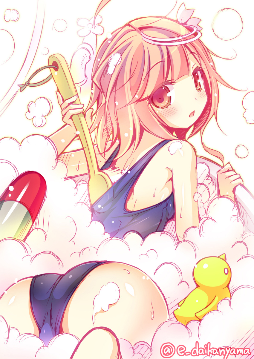 1girl ahoge bare_shoulders bath bathtub blush bubble_bath daikan'yama_ebisu hair_ornament highres i-58_(kantai_collection) kantai_collection looking_at_viewer looking_back pink_eyes pink_hair rubber_duck school_swimsuit short_hair solo swimsuit twitter_username washing_back