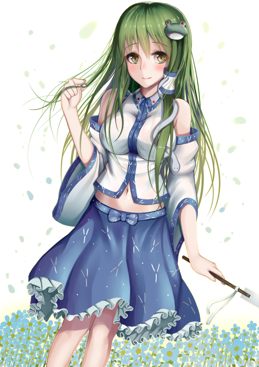 1girl breasts detached_sleeves field flower flower_field frog_hair_ornament gohei green_eyes green_hair hair_ornament hair_twirling highres knees_touching kochiya_sanae large_breasts long_hair looking_at_viewer midriff navel outdoors skirt smile snake_hair_ornament solo standing suika_(atelier-yuu) touhou