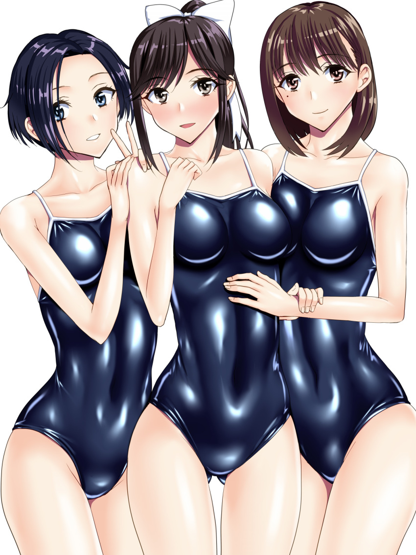 3girls anegasaki_nene anzu_(onelelee) black_hair brown_eyes brown_hair competition_school_swimsuit highres kobayakawa_rinko long_hair love_plus multiple_girls one-piece_swimsuit ponytail red_swimsuit school_swimsuit swimsuit takane_manaka