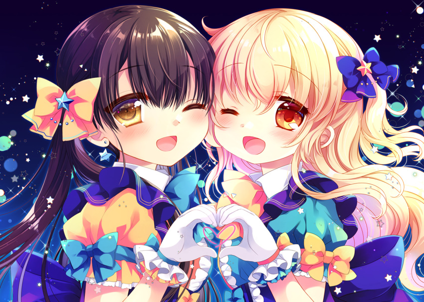 2girls ;d bangs black_hair blonde_hair blue_bow blue_shirt bow brown_eyes collared_shirt commentary copyright_request eyebrows_visible_through_hair frilled_gloves frills gloves hair_between_eyes hair_bow hand_up heart heart_hands heart_hands_duo multiple_girls one_eye_closed puffy_short_sleeves puffy_sleeves sakurazawa_izumi shirt short_sleeves smile star_(symbol) symbol-only_commentary upper_body white_gloves yellow_bow yellow_shirt