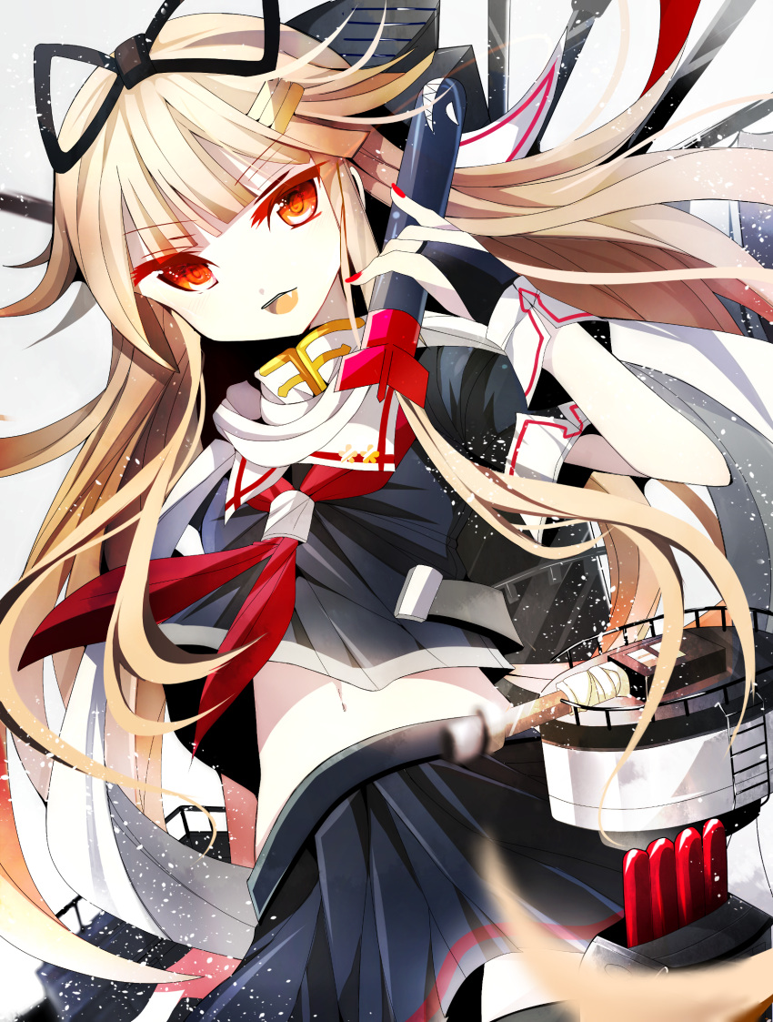 &gt;:d 1girl :d blurry bow depth_of_field fang fingerless_gloves fumiko_(miruyuana) gloves hair_bow hair_ornament hair_ribbon hairclip highres holding kantai_collection light_brown_hair long_hair looking_at_viewer machinery navel open_mouth orange_eyes pleated_skirt revision ribbon scarf school_uniform serafuku skirt smile solo torpedo yuudachi_(kantai_collection)