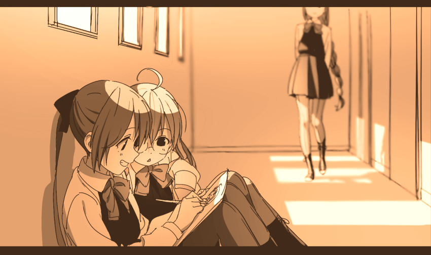 3girls ahoge akigumo_(kantai_collection) arms_behind_back blurry depth_of_field glasses grin kantai_collection kinosuke_(sositeimanoga) letterboxed long_hair makigumo_(kantai_collection) monochrome multiple_girls pantyhose sepia sitting sketch sketchpad smile yuugumo_(kantai_collection)