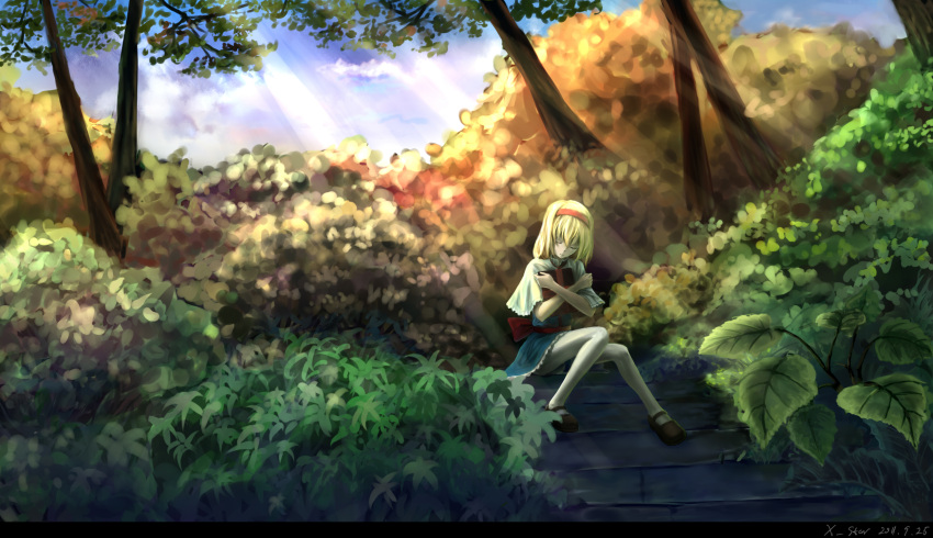 alice_margatroid blonde_hair blue_dress blue_sky book book_hug bush capelet closed_eyes clouds dated dress grimoire hairband head_tilt highres holding holding_book light_rays long_legs mary_janes nature peaceful plant ribbon shoes short_hair shuang_ye signature sitting sitting_on_stairs sky smile solo stairway sunlight touhou tree white_legwear