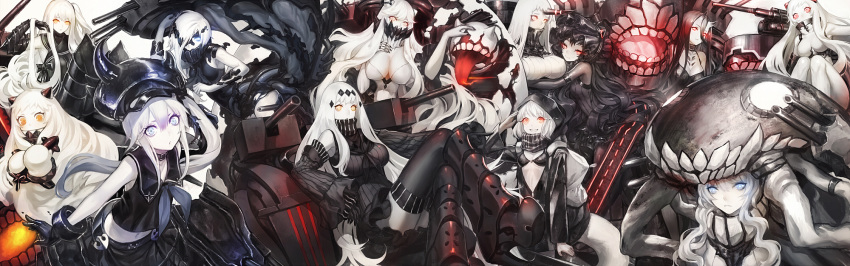 6+girls aircraft_carrier_oni aircraft_carrier_water_oni airfield_hime battleship-symbiotic_hime black_hair breasts cleavage destroyer_hime detached_sleeves dress gothic_lolita hair_ornament hairband headgear highres horn horns hug isolated_island_oni kantai_collection large_breasts lolita_fashion lolita_hairband long_hair machinery midway_hime multiple_girls ne-class_heavy_cruiser northern_ocean_hime orange_eyes pale_skin re-class_battleship red_eyes school_uniform seaport_hime serafuku shinkaisei-kan short_hair side_ponytail turret very_long_hair white_dress white_hair white_skin wo-class_aircraft_carrier yellow_eyes zhouran