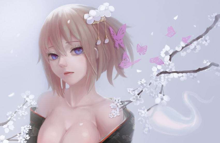 1girl bare_shoulders blonde_hair blue_eyes breasts bust butterfly cherry_blossoms cleavage collarbone flower ghost hair_flower hair_ornament highres japanese_clothes kimono large_breasts looking_at_viewer magician_(china) off_shoulder out-of-frame_censoring saigyouji_yuyuko solo touhou twig