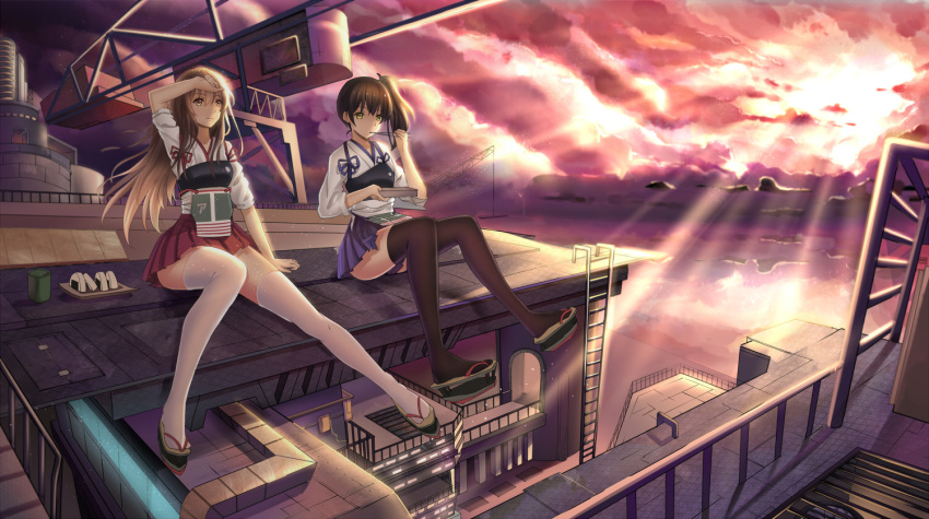 2girls akagi_(kantai_collection) black_legwear breasts brown_eyes brown_hair chopsticks clenched_hand clog_sandals clouds cloudy_sky crane eating female full_body hakama_skirt hand_to_head japanese_clothes kaga_(kantai_collection) kantai_collection knees_together_feet_apart ladder light_rays long_hair looking_at_viewer multiple_girls muneate outdoors purple_sky railing reflection short_sleeves side_ponytail sitting sky sunlight sunset tasuki thigh-highs water white_legwear yellow_eyes yeluno_meng