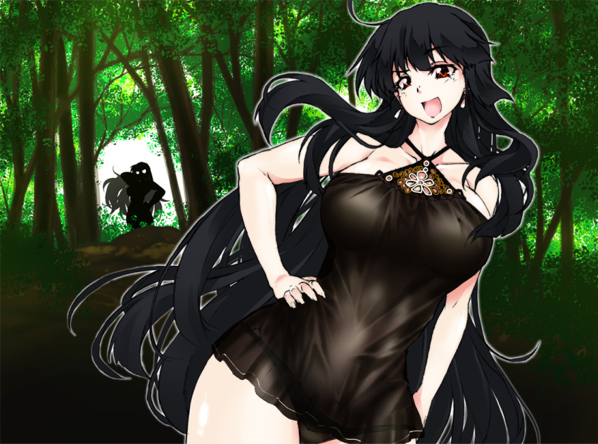 1girl alternate_breast_size black_hair black_panties breasts chunky collarbone earrings fingernails hand_on_hip hime_cut hips houraisan_kaguya izuna_nie jewelry large_breasts leaning lingerie long_hair nature neck negligee open_mouth outline panties pose red_eyes silhouette smile solo tagme thighs touhou tree underwear very_long_hair