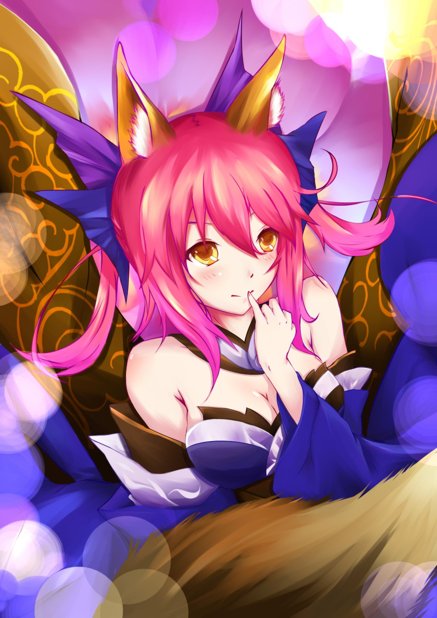 1girl animal_ears bare_shoulders blush breasts caster_(fate/extra) cleavage detached_sleeves fate/extra fate_(series) finger_to_mouth fox_ears fox_tail hair_ornament hair_ribbon highres japanese_clothes kimono looking_at_viewer pink_hair ribbon solo tail twintails yellow_eyes