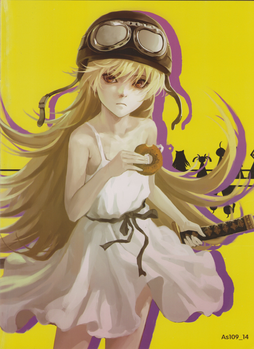 1girl absurdres as109 bakemonogatari bare_shoulders blonde_hair doughnut dress food goggles helmet highres katana long_hair monogatari_(series) nisemonogatari oshino_shinobu scan solo strap_slip sword weapon white_dress yellow_eyes