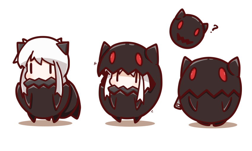 1girl ? ahoge alternate_costume chibi cosplay covered_mouth floating_fortress_(kantai_collection) highres horns kantai_collection long_hair looking_at_viewer mittens northern_ocean_hime nuu_(nu-nyu) pale_skin shinkaisei-kan solo white_hair |_|