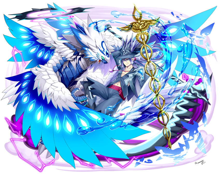 1boy beyzul blue_eyes blue_hair dragon feathered_wings hat hermes_(p&amp;d) jewelry long_hair male midriff navel necklace ponytail puzzle_&amp;_dragons smile staff water wings yamanashi_taiki