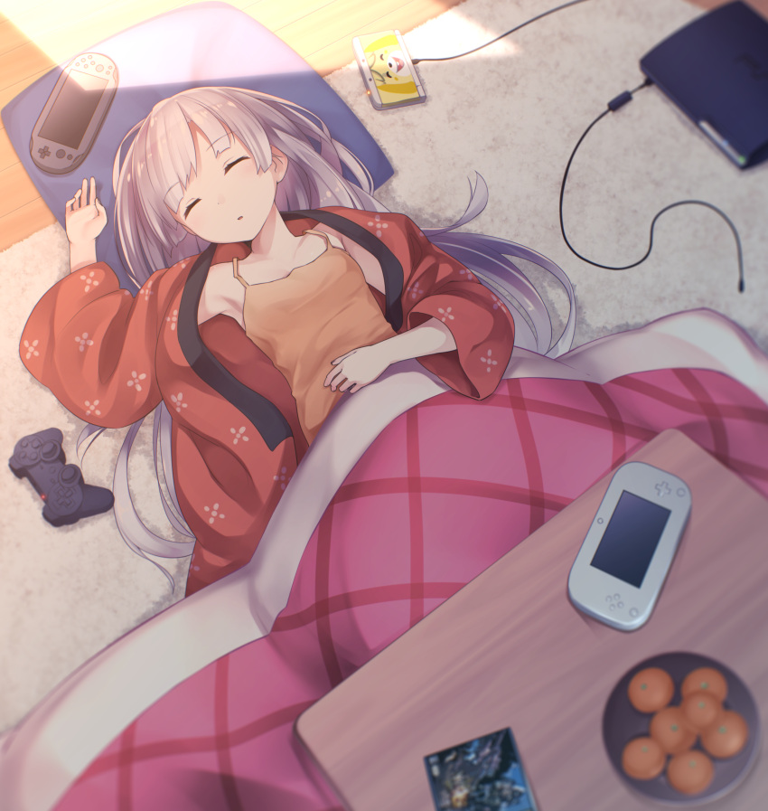 1girl absurdres blush controller doubutsu_no_mori food fruit game_controller highres kotatsu long_hair lying mandarin_orange ninnzinn nintendo_3ds on_back original pillow playstation_3 playstation_vita shizue_(doubutsu_no_mori) silver_hair sleeping solo table wii_u