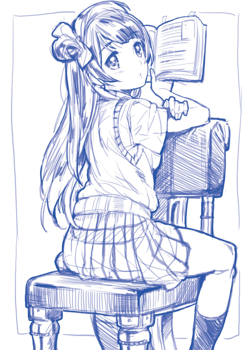 1girl book chain from_behind highres long_hair looking_at_viewer love_live!_school_idol_project minami_kotori monochrome school_uniform sitting sitting_backwards sketch skirt socks solo sweater_vest tetsujin_momoko