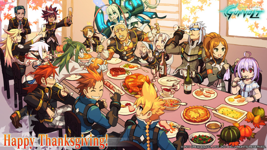 acura_(gunvolt) alcohol artist_request asimov_(gunvolt) azure_striker_gunvolt black_hair blonde_hair brown_hair carrera_(gunvolt) daytona_(gunvolt) elise_(gunvolt) food gino_(gunvolt) gunvolt hair_over_one_eye highres jota_(gunvolt) joule_(gunvolt) lumen_(gunvolt) merak_(gunvolt) monica_(gunvolt) multicolored_hair pantera_(gunvolt) purple_hair shiden_(gunvolt) silver_hair stratos_(gunvolt) sunglasses thanksgiving turkey_(food) two-tone_hair white_hair