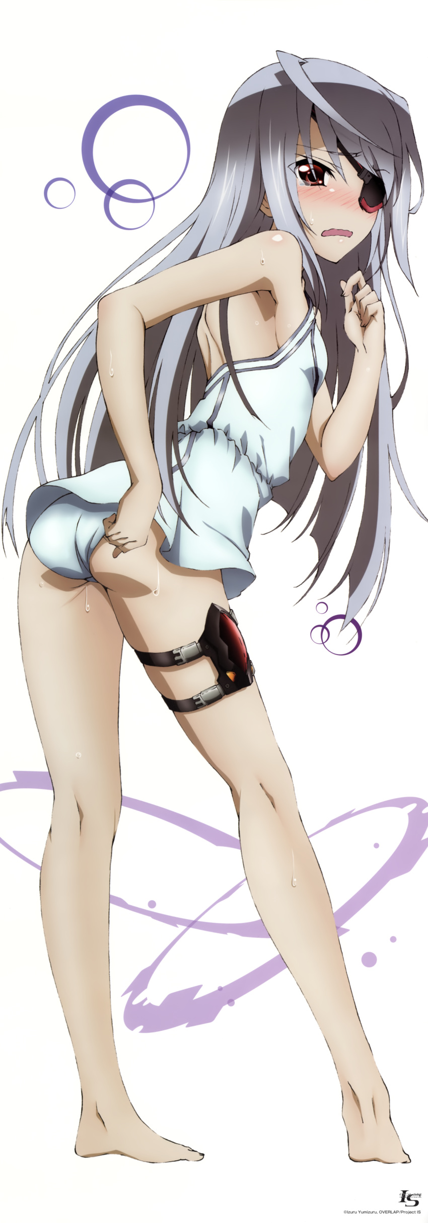 1girl absurdres adjusting_clothes adjusting_swimsuit ahoge ass blush casual_one-piece_swimsuit d: eyepatch full-face_blush grey_hair highres holster infinite_stratos laura_bodewig one-piece_swimsuit open_mouth red_eyes swimsuit thigh_holster