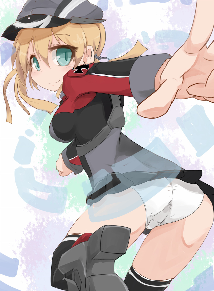 1girl ass black_legwear black_skirt blonde_hair blue_eyes blush from_behind hat highres iron_cross kantai_collection kneehighs leg_up long_hair long_sleeves looking_back microskirt military military_uniform outstretched_arm panties peaked_cap pleated_skirt prinz_eugen_(kantai_collection) ra_i skirt smile solo twintails underwear uniform white_panties
