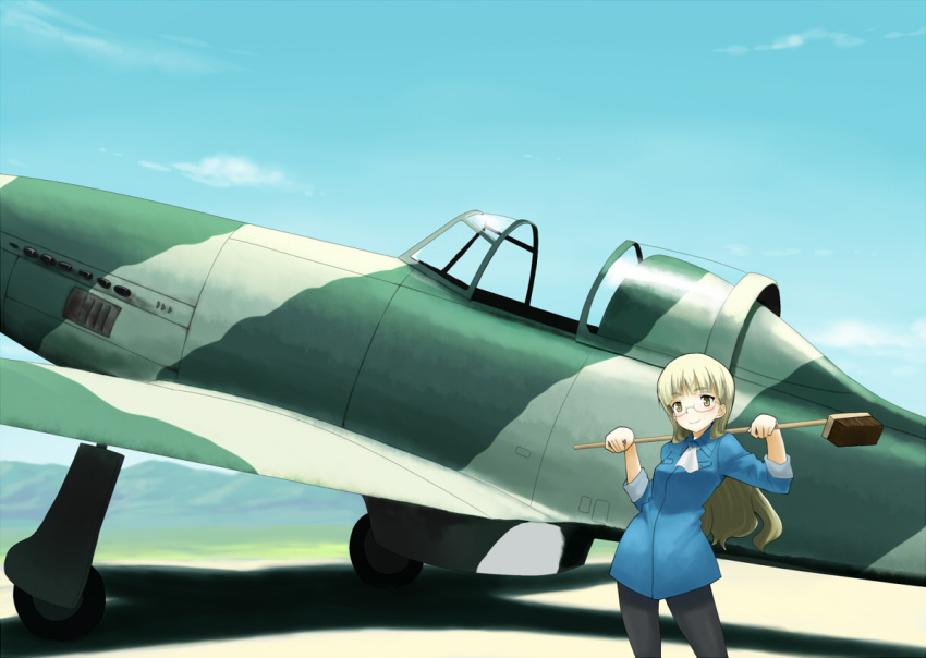 1girl airplane black_legwear blonde_hair blue_sky blush clouds cravat eyebrows glasses jacket long_hair long_sleeves outdoors pantyhose perrine_h_clostermann shiratama_(hockey) sky sleeves_rolled_up smile solo strike_witches yellow_eyes