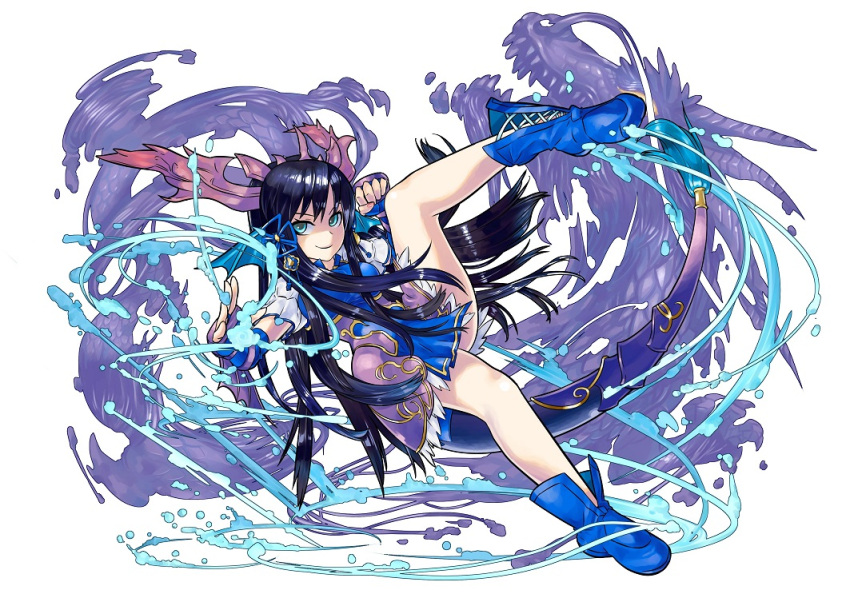 1girl black_hair blue_eyes boots brass_knuckles chinese_clothes dragon dragon_tail fingerless_gloves gloves head_fins horns karin_(p&amp;d) kei_(keiclear) long_hair no_legwear puzzle_&amp;_dragons smile solo tail weapon