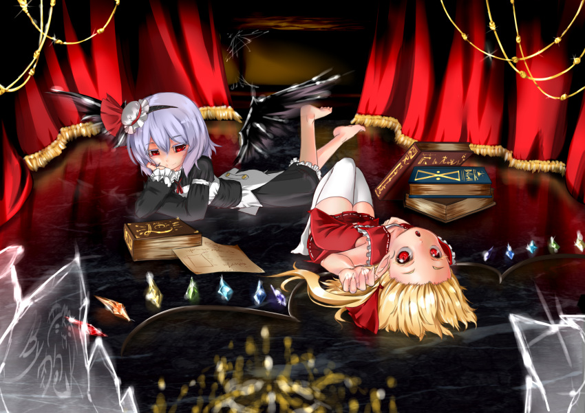 2girls absurdres alternate_costume bare_shoulders black_dress blonde_hair colored_eyelashes commentary dress elbow_rest flandre_scarlet hairband highres lavender_hair looking_at_viewer lying multiple_girls niku_tsutsumi_k on_back on_stomach pointy_ears red_dress remilia_scarlet short_hair smile touhou