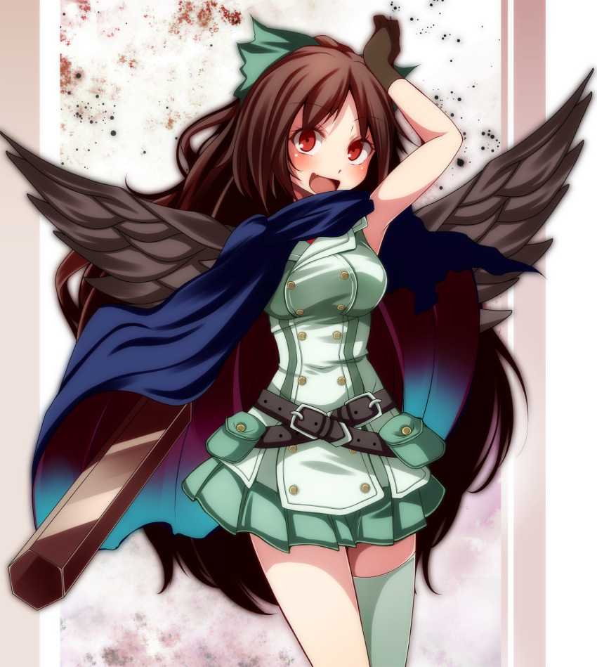 1girl alternate_costume arm_up belt black_wings bow brown_hair cape gloves green_legwear hair_bow highres long_hair looking_at_viewer open_mouth pleated_skirt pouch red_eyes reiuji_utsuho s-syogo single_thighhigh skirt sleeveless smile solo thigh-highs touhou wings