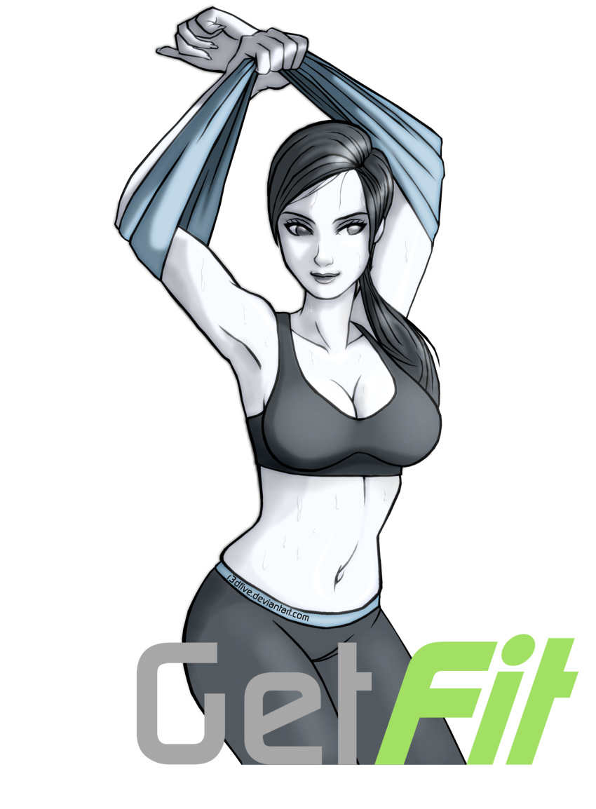 1girl armpits arms_up black_hair breasts cleavage cowboy_shot grey_eyes highres lips long_hair low_ponytail midriff navel ponytail r3dfive solo spandex sports_bra sweat transparent_background undressing white_skin wii_fit wii_fit_trainer