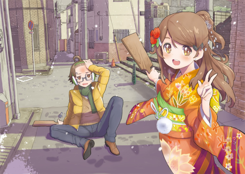 1boy 1girl :d ahoge blush brown_eyes brown_hair earmuffs earrings glasses hair_ornament hairclip intersection jacket japanese_clothes jewelry kimono long_hair looking_at_viewer musical_note obi open_mouth paddle road sash semi-rimless_glasses short_ponytail sitting smile snow stairs street sweater tetsujin_momoko traffic_cone under-rim_glasses v