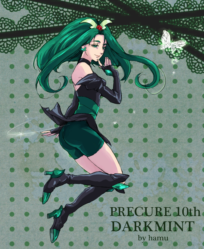 1girl absurdres artist_name ass bike_shorts black_boots black_gloves boots butterfly character_name choker copyright_name dark_cure_(yes!_precure_5) dark_mint earrings elbow_gloves fingerless_gloves gloves green_eyes green_hair hamu_(bcb75332) highres jewelry knee_boots long_hair magical_girl precure shorts_under_skirt smile solo yes!_precure_5