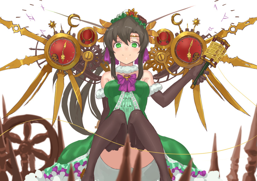 1girl bare_shoulders black_hair clock elbow_gloves fur_trim gloves green_eyes jyon mechanical_wings ponytail puzzle_&amp;_dragons smile solo thigh-highs verdandi_(p&amp;d) wings zettai_ryouiki