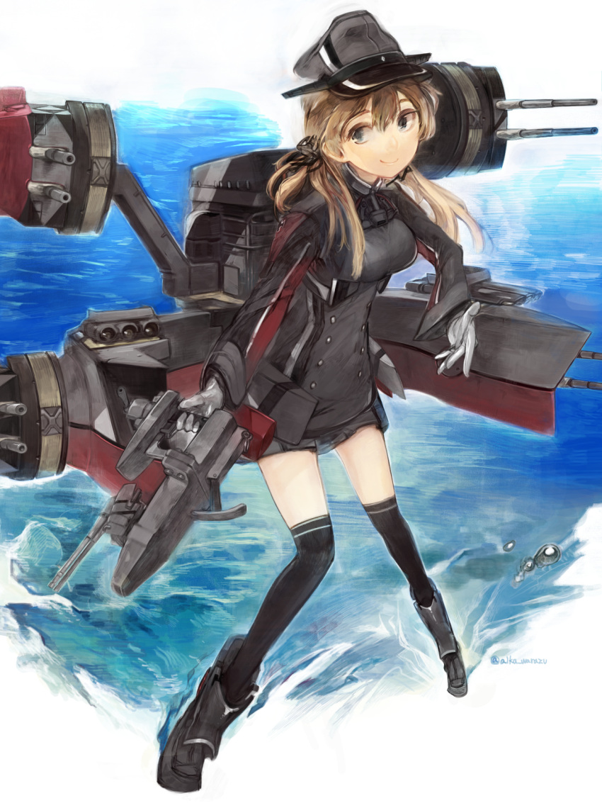 1girl aika_warasu aqua_eyes black_legwear blonde_hair breasts gloves hat highres kantai_collection long_hair low_twintails machinery peaked_cap prinz_eugen_(kantai_collection) smile solo standing standing_on_water thigh-highs turret twintails twitter_username water white_gloves