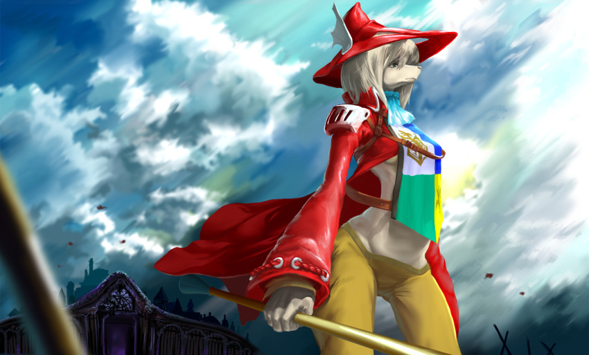 1girl blue_eyes breasts burmecian clouds cloudy_sky coat final_fantasy final_fantasy_ix freija_crescent furry hair_over_one_eye hat head_wings highres open_clothes open_coat otsure_no_hou pants polearm red_coat shoulder_pads silver_hair sky snout solo spear tabard under_boob weapon wide_hips