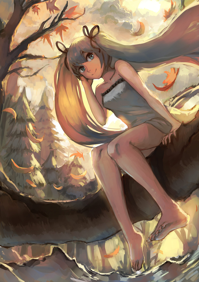 1girl aqua_eyes aqua_hair backlighting bare_shoulders barefoot branch clouds cloudy_sky collarbone dress forest full_body hair_ribbon hand_on_own_cheek hatsune_miku highres in_tree knees_together_feet_apart leaf long_hair looking_at_viewer nature outdoors ribbon sishenfan sitting sitting_in_tree sky small_breasts smile solo strapless_dress sun tree twintails very_long_hair vocaloid yellow_sky