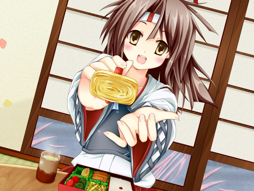 1girl brown_hair bust chopsticks cup egg food hachimaki headband kantai_collection long_hair meat obentou open_mouth pov_feeding sabune_bon sliding_doors smile solo steam table tatami tea teacup tomato yellow_eyes zuihou_(kantai_collection)