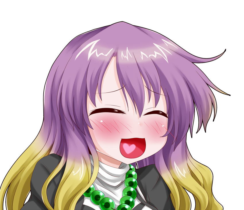 1girl beads black_dress blonde_hair blush blush_stickers bust closed_eyes cross-laced_clothes dress gradient_hair hair_between_eyes happy heart high_collar hijiri_byakuren jewelry layered_dress long_hair multicolored_hair necklace oden_(th-inaba) open_mouth payot puffy_sleeves simple_background smile solo touhou turtleneck white_background