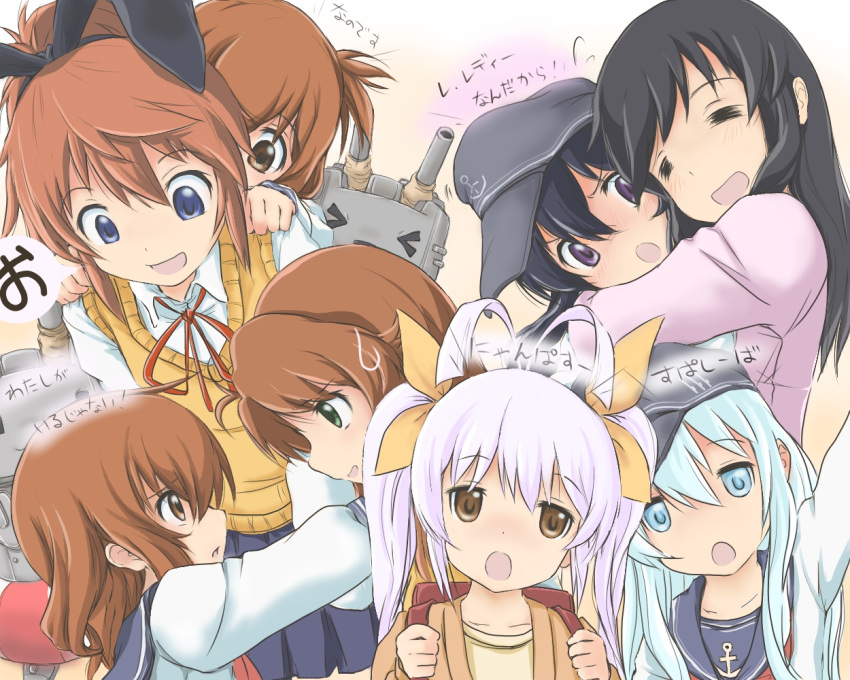 &gt;:o 6+girls :d :o =_= akatsuki_(kantai_collection) black_hair blue_eyes brown_eyes brown_hair catchphrase crossover folded_ponytail green_eyes hair_ribbon hibiki_(kantai_collection) hug ichijou_hotaru ikazuchi_(kantai_collection) inazuma_(kantai_collection) kantai_collection koshigaya_komari koshigaya_natsumi lavender_hair miyauchi_renge multiple_girls nanodesu_(phrase) neckerchief non_non_biyori nyanpassu~ open_mouth piggyback rensouhou-chan ribbon sakura_ayane school_uniform seiyuu_connection serafuku silver_hair skirt smile sweater_vest translation_request tsurupeta_(pikapika45) twintails violet_eyes