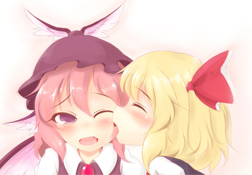 2girls ayatori_(aytr) bird_ear bird_wings blonde_hair blush bow cheek_licking closed_eyes face_licking hair_bow hat_feather highres licking multiple_girls mystia_lorelei one_eye_closed pink_eyes pink_hair rumia touhou yuri