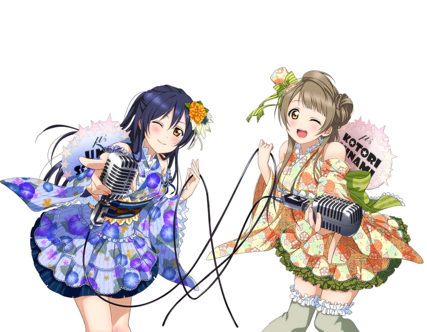 couple flower flower_on_head long_hair love_live!_school_idol_project microphone minami_kotori ribbon smile sonoda_umi