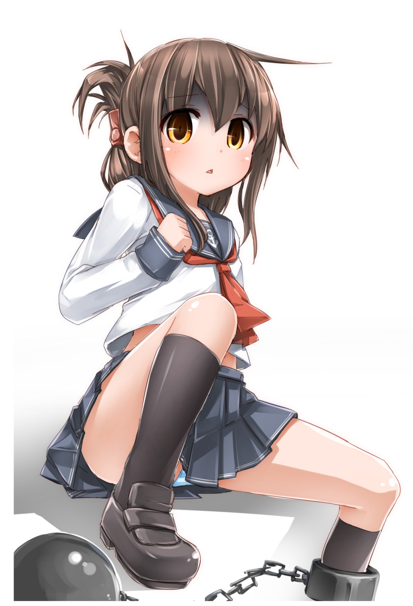 1girl ball_and_chain black_legwear brown_eyes brown_hair cuffs folded_ponytail highres inazuma_(kantai_collection) kantai_collection loafers long_hair looking_at_viewer moegi_nenene neckerchief open_mouth panties pantyshot school_uniform serafuku shackles shoes skirt solo striped striped_panties turn_pale underwear